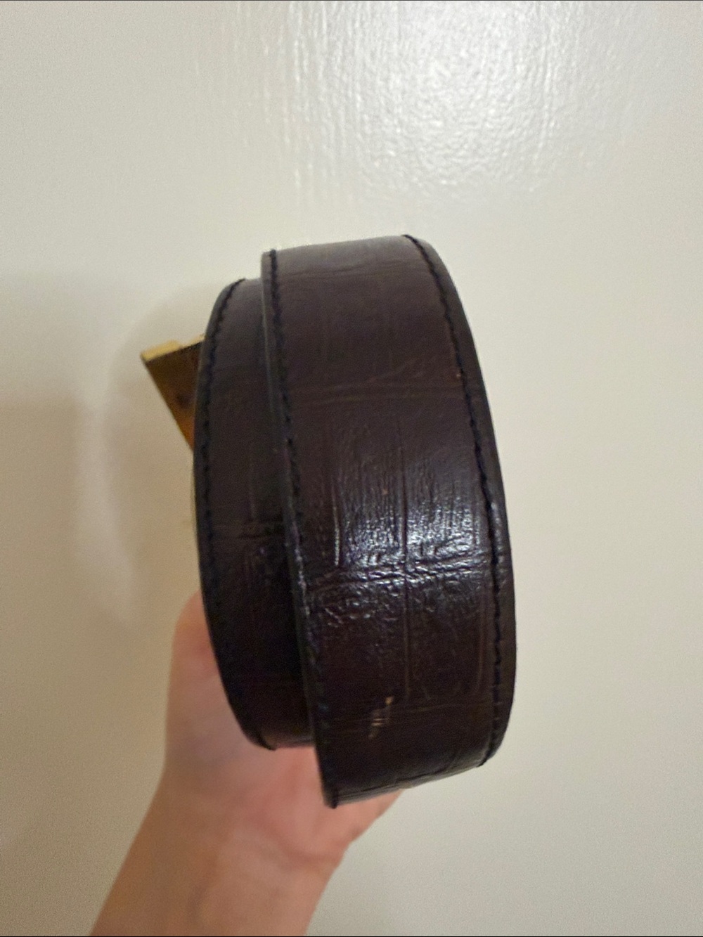 Black Croc-Embossed Leather Belt with Gold Hardware